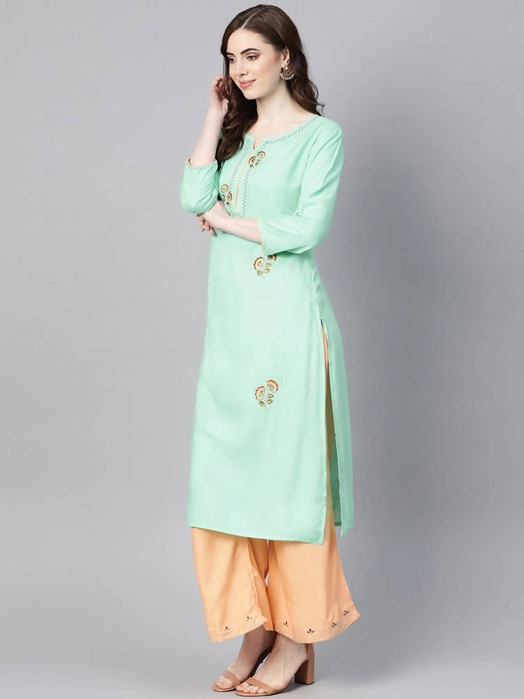 Yufta Women Sea Green & Peach Embroidered Kurta with Palazzo | Grocsy