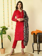 Myshka Women's Pink Velvet Kurta & Trousers With Dupatta Party Sets | Grocsy