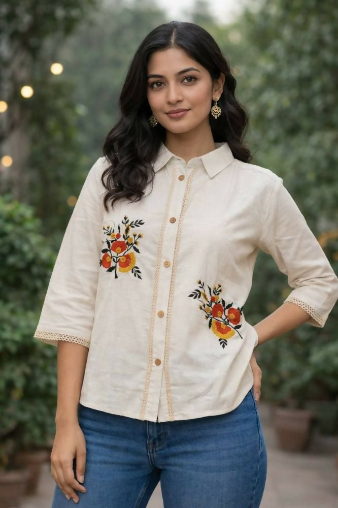 Teeya Creation Womens New Trendy Premium Cotton-Linen Off-White Fusion Shirt Kurti with Floral Embroidery | Grocsy