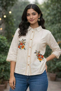 Teeya Creation Womens New Trendy Premium Cotton-Linen Off-White Fusion Shirt Kurti with Floral Embroidery | Grocsy