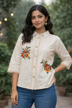 Teeya Creation Womens New Trendy Premium Cotton-Linen Off-White Fusion Shirt Kurti with Floral Embroidery | Grocsy