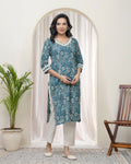 Vaasva Women Ferozi Cotton Printed Straight Kurti With Pant | Grocsy