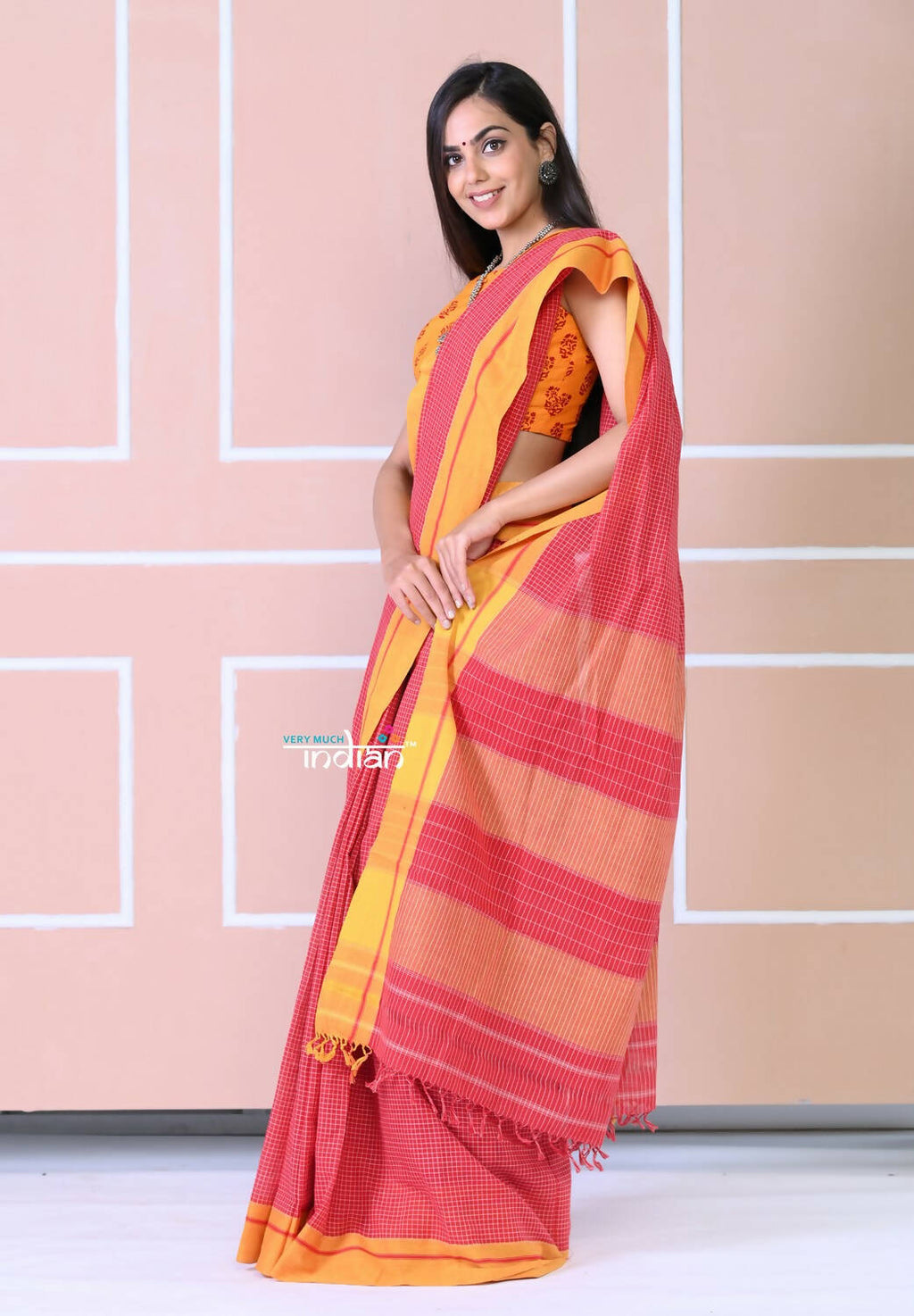 Very Much Indian Traditional Patteda Anchu Ilkal Handloom Saree-Disperse Orange | Grocsy