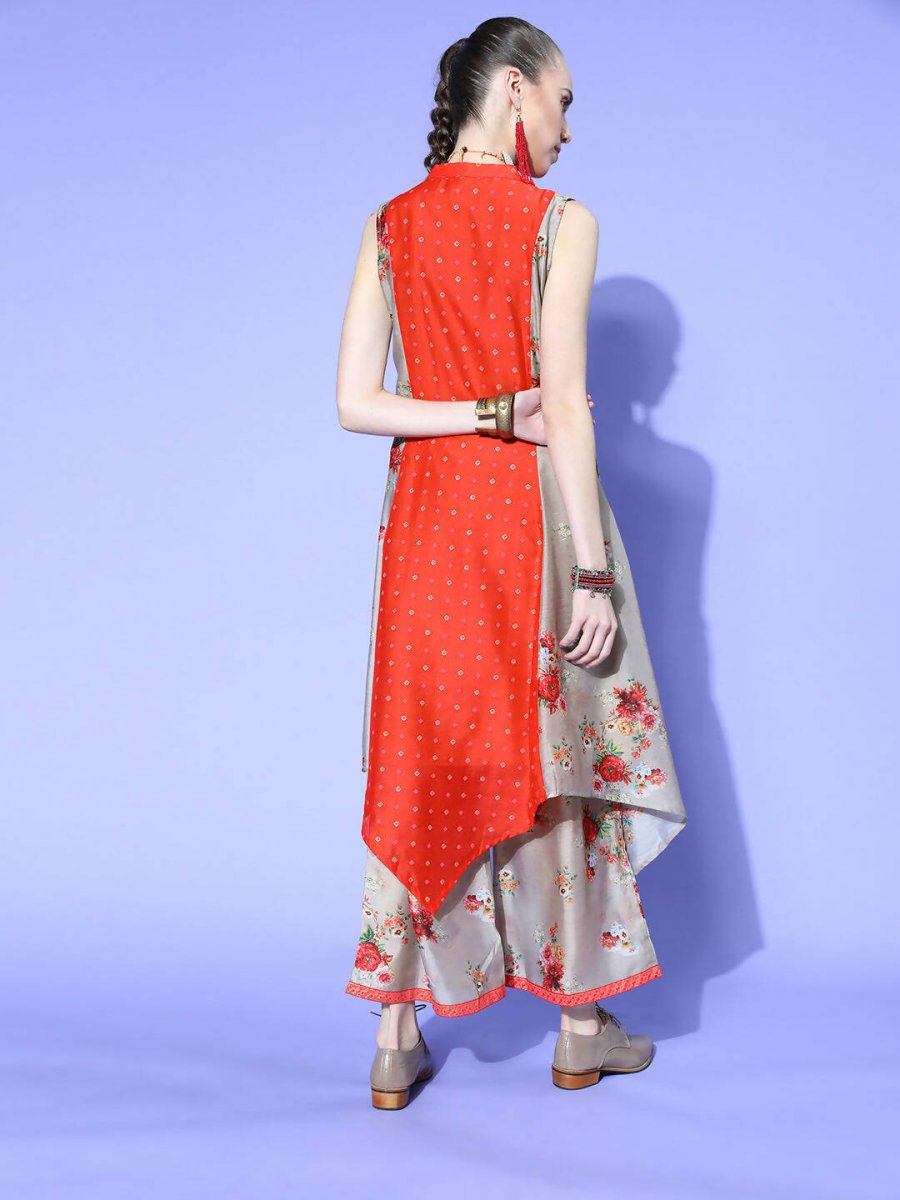 Ahalyaa Women Beige Colour Chanderi Digital Printed Kurta Palazzo Set | Grocsy