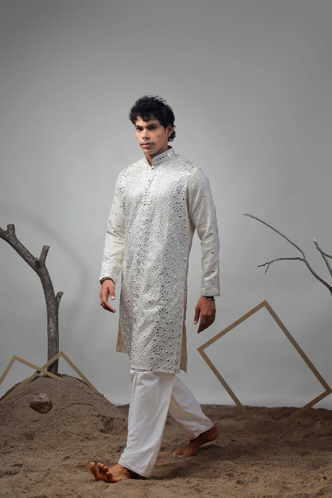 Off White Viscose Heavy Embroidery Work Kurta Set - Mahotsav | Grocsy
