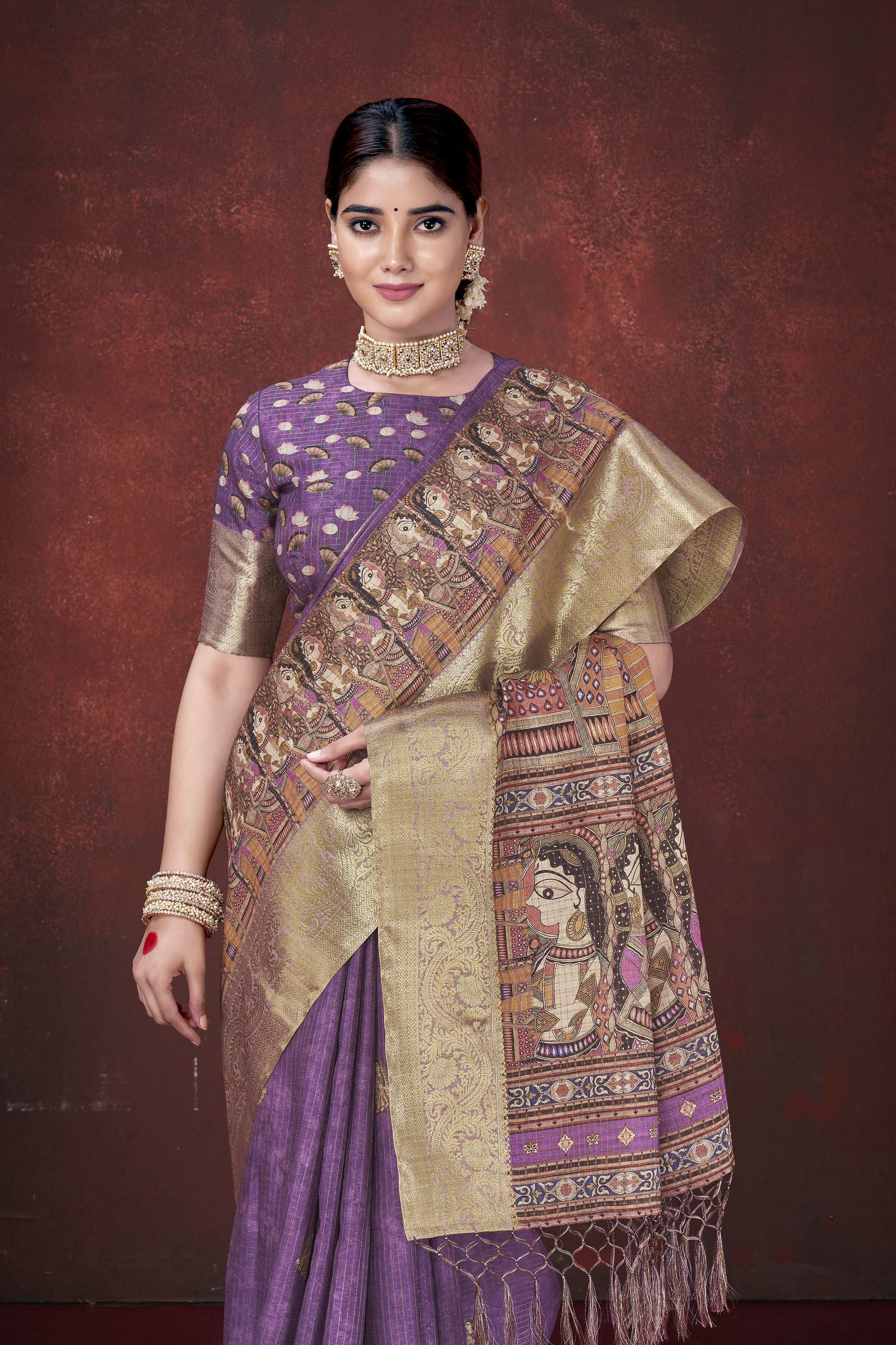 Purple Poly Habotai Silk Foil Print Saree with Unstitched Blouse - Kathari | Grocsy