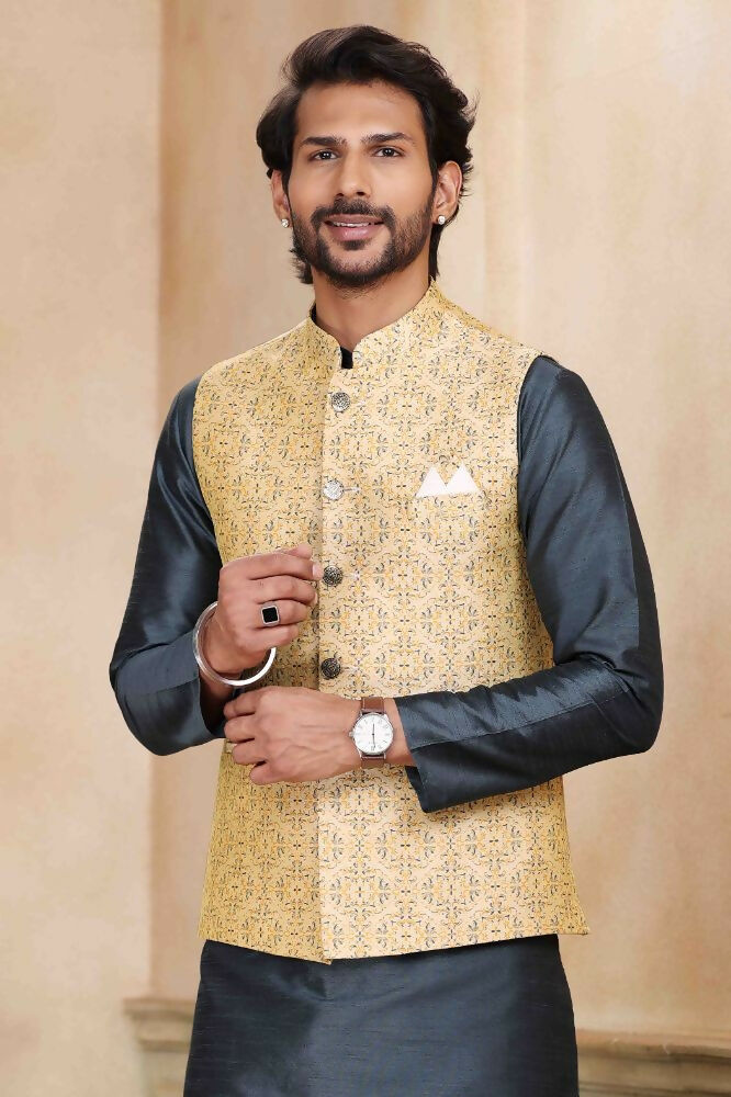 Raivat Ethnic Jacquard Banarasi Silk Woven Work 3 Pics Jacket Set In Beige Colour | Grocsy