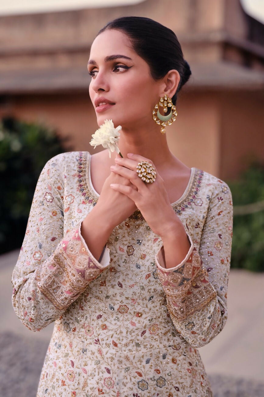 Vastranavya Stunning Off White Georgette Embroidered Sequins A Line Anarkali Suit | Grocsy