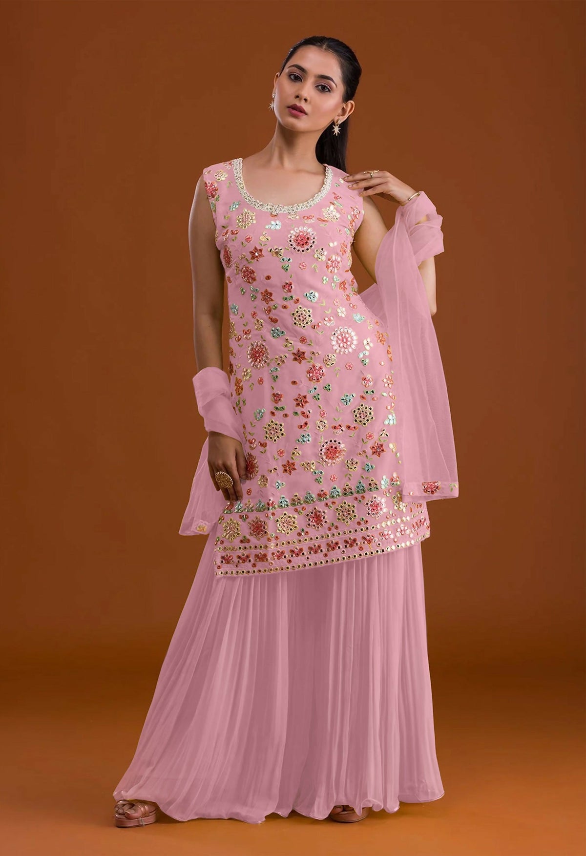 Anaita Pink Georgette Suit with Embroidered Multi Work | Grocsy