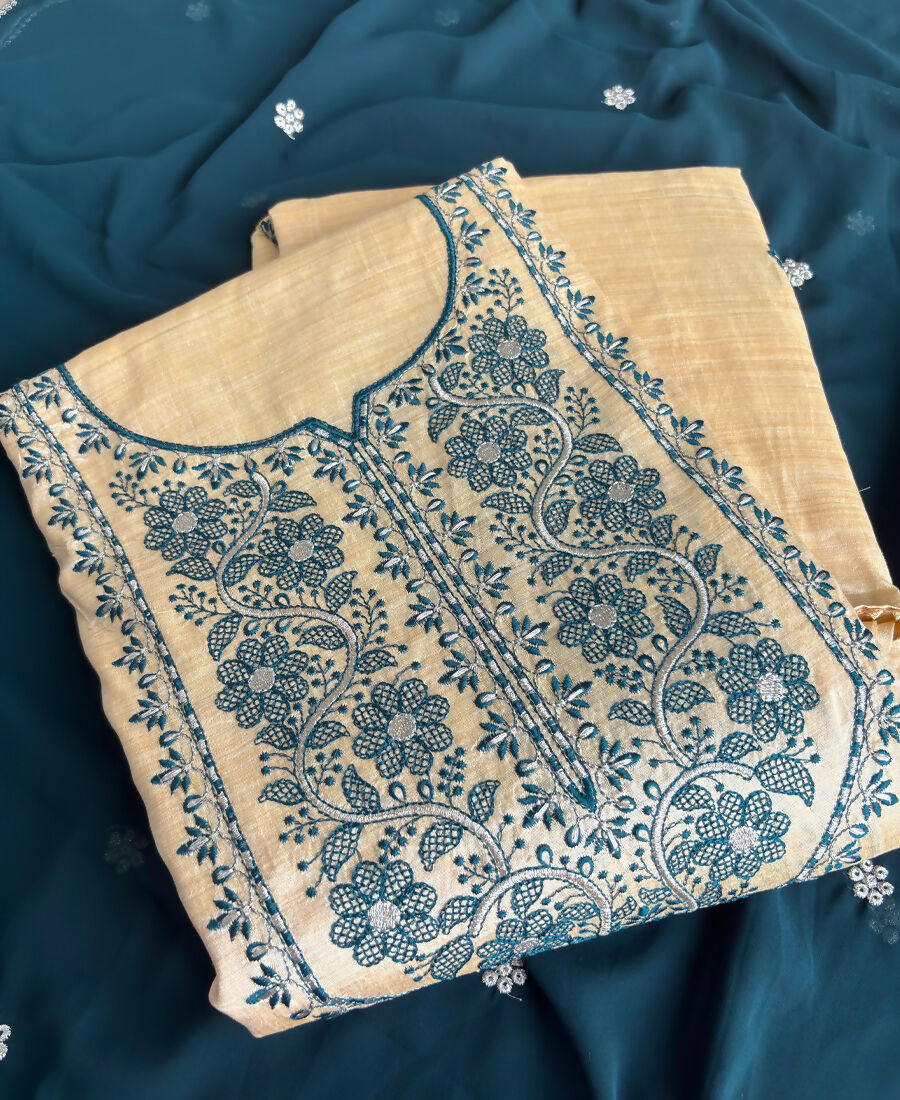 KC Khadi Cotton White Suit With Blue Dupatta 3 Piece Pair For Women | Grocsy