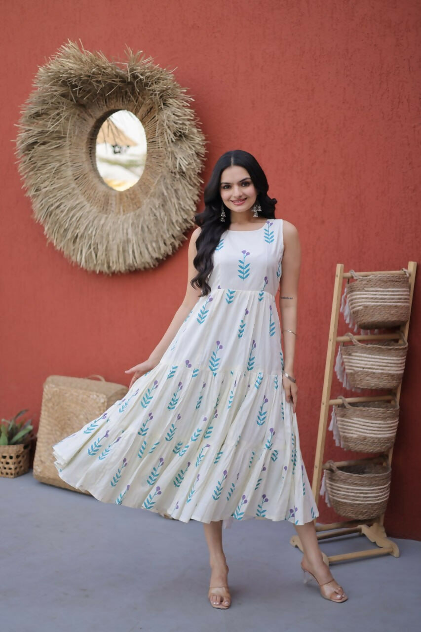 Teeya Creation Womens New Trendy Summer War Printed Cotton Gown Set-Blue | Grocsy