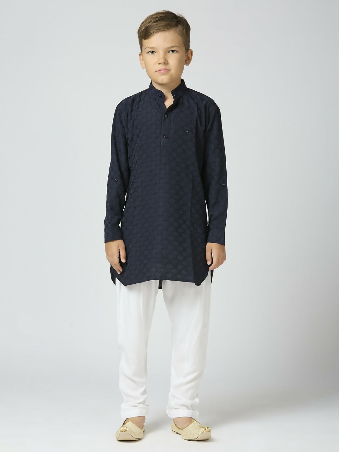Joban Fashion Kids Island Full Sleeves Texture Cotton Kurta and Pyjama Set - Navy Blue | Grocsy