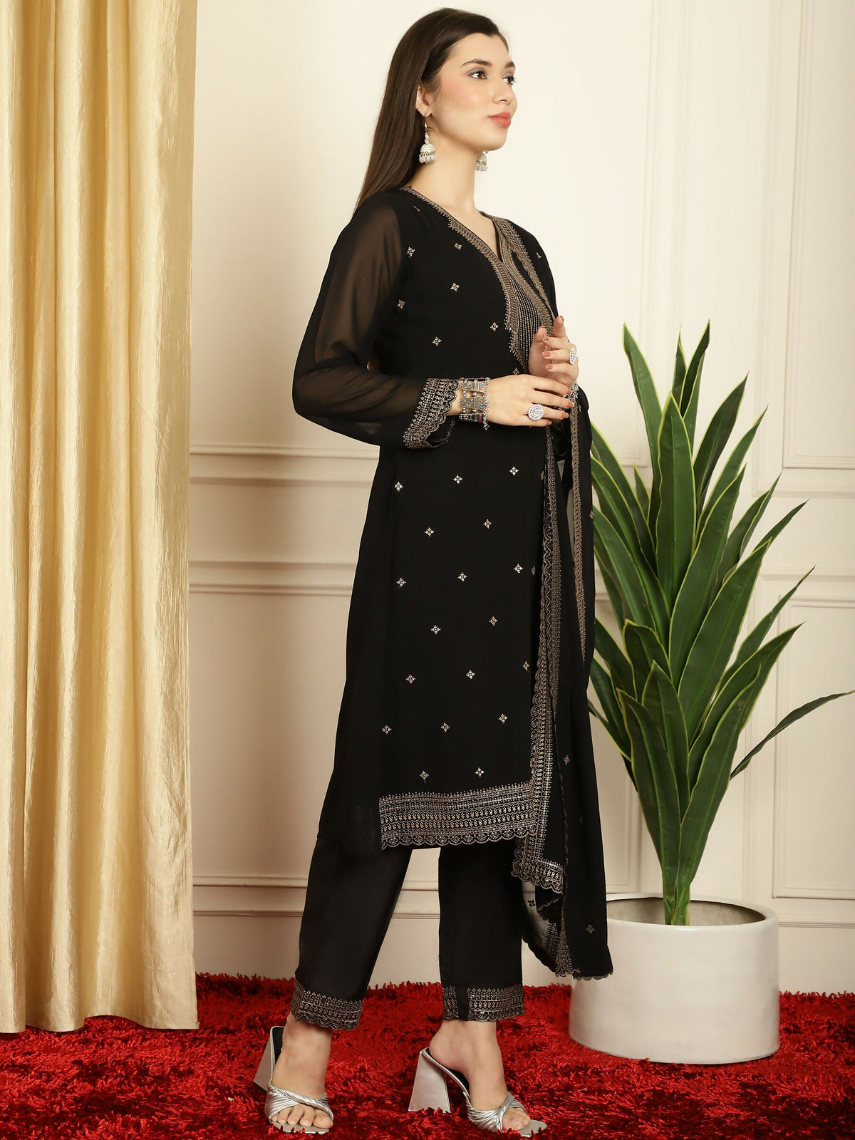 Jyoti Fashion Women's Black Georgette Resham Thread & Sequin Kurta with Trouser & Dupatta | Grocsy