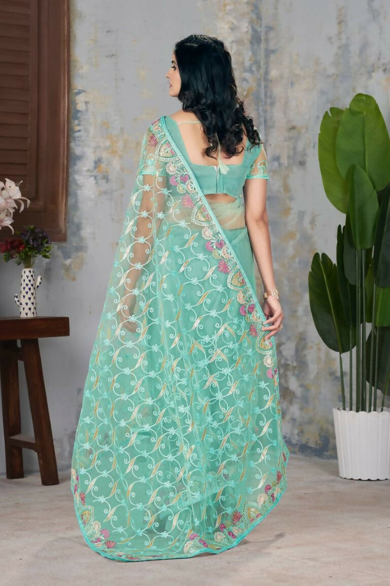 Vastranavya Soft Crush Georgette With Embroidery and Foil Multi Thread Work Saree - Turquoise | Grocsy