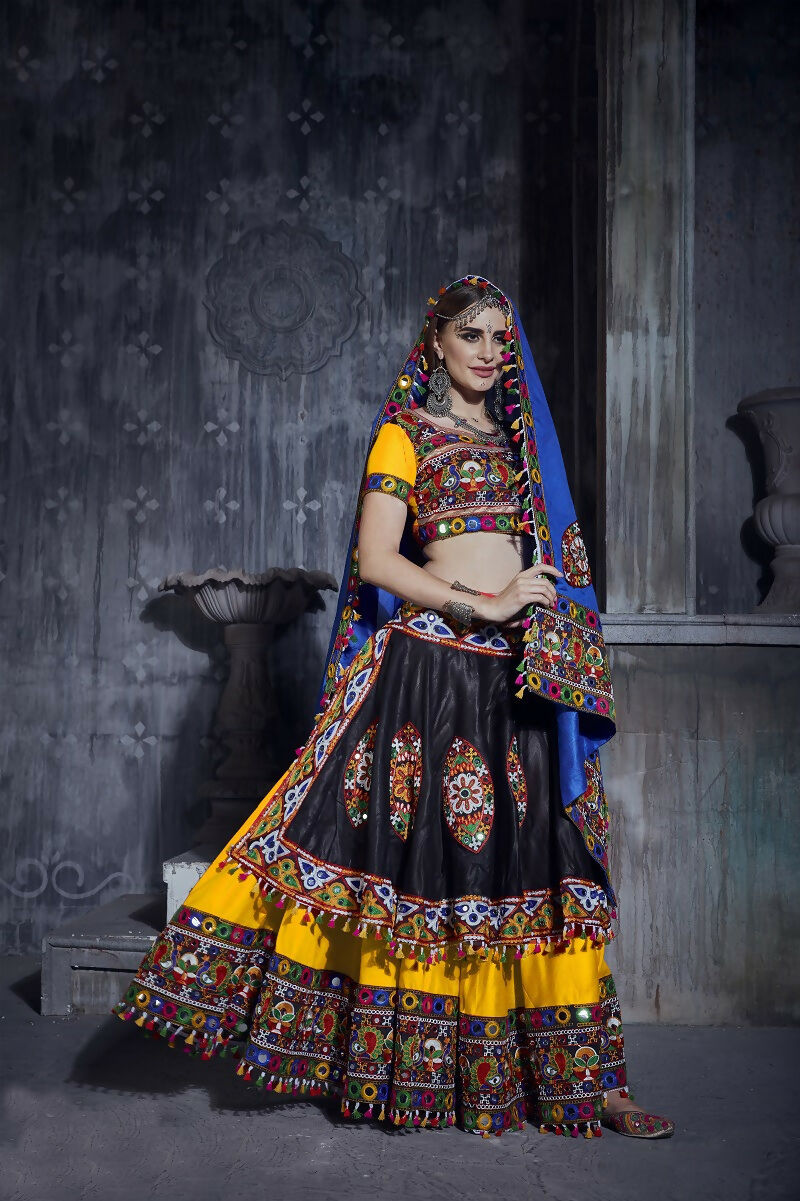 AI Fashion Black-Yellow Art Silk Designer Navratri Lehenga Choli Collection | Grocsy
