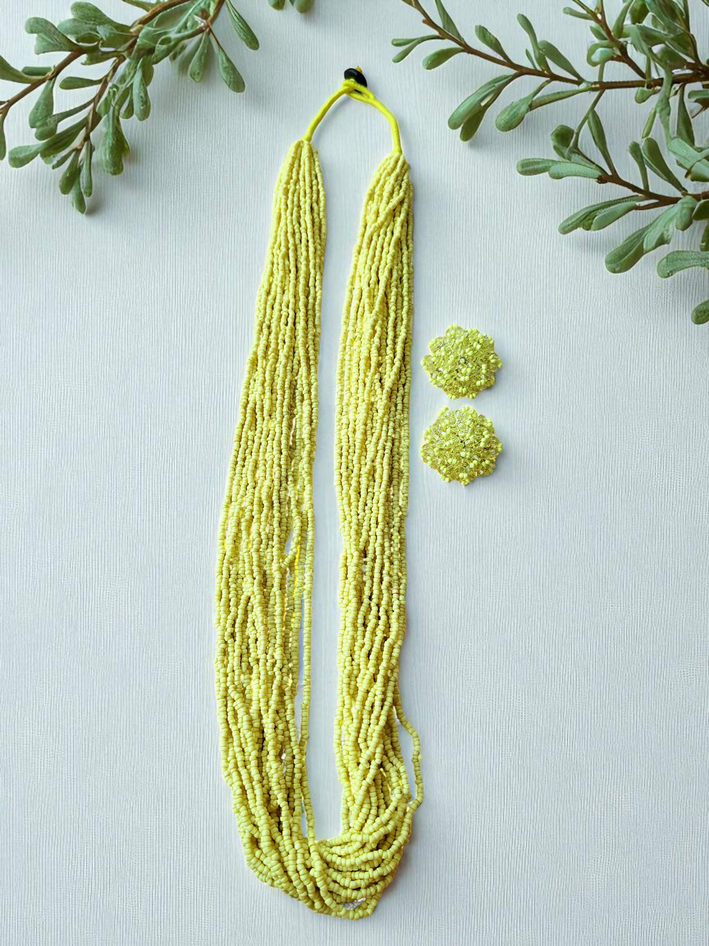 Inhanns Rangsaaz 20-Layer Luxe Long Beaded Necklace (With Optional Statement Earrings) - Lemon Yellow With Earring | Grocsy