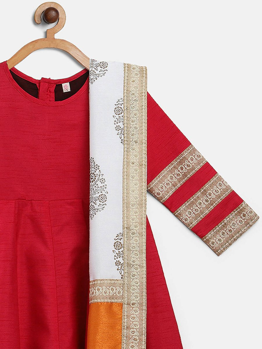 Ahalyaa Red Poly Silk Anarkali Kids Kurta With Dupatta Set For Girls | Grocsy