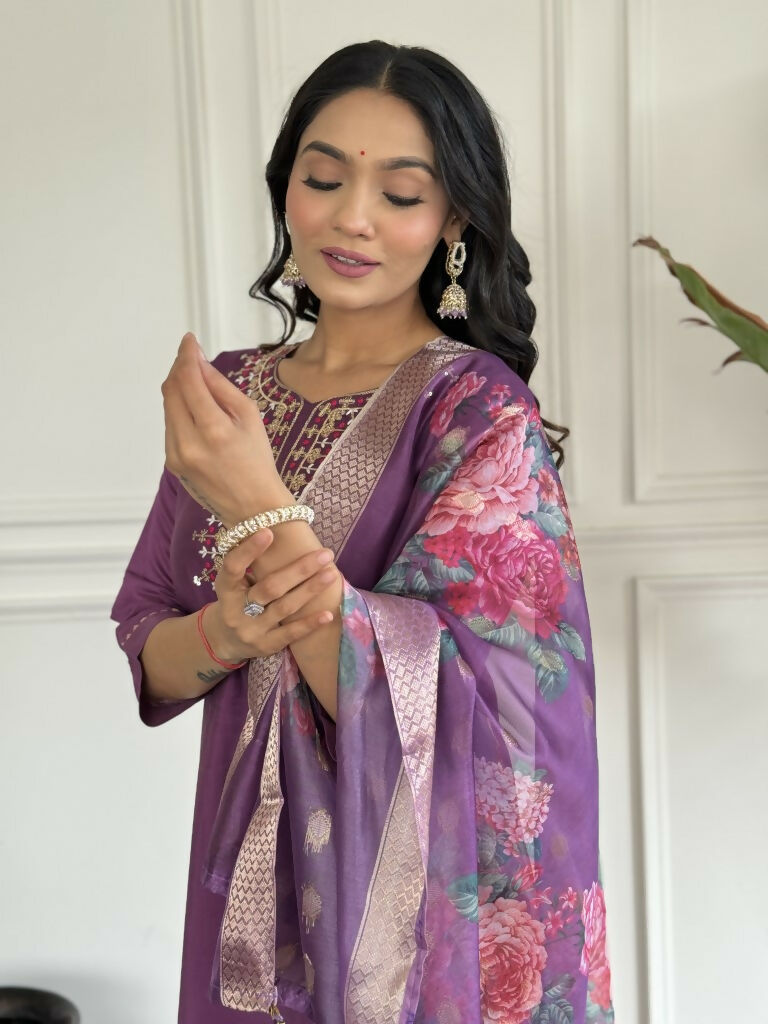 Purple Viscose chanderi Stitched Suit With Dupatta - Tanisha | Grocsy