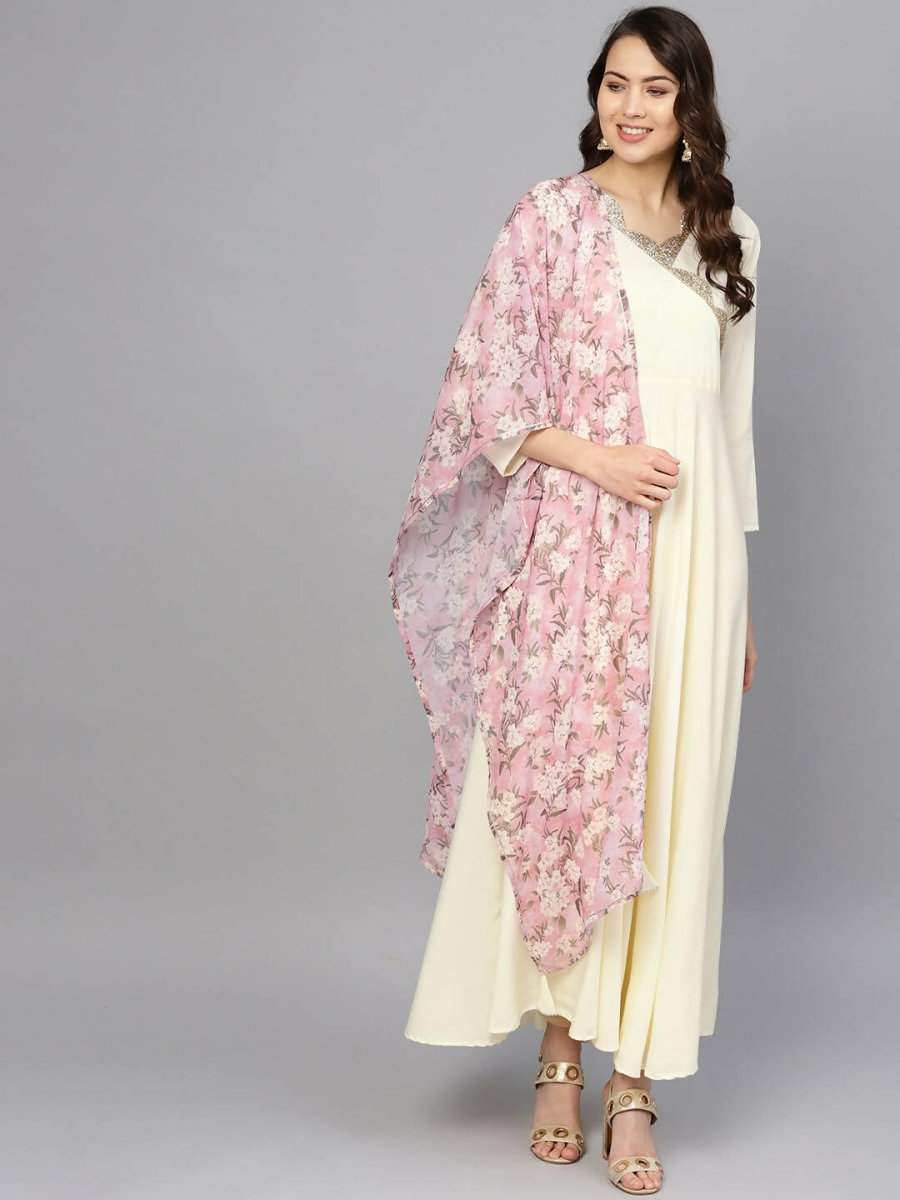 Ahalyaa Women's Cream Crepe kurta With Printed Dupatta Set | Grocsy