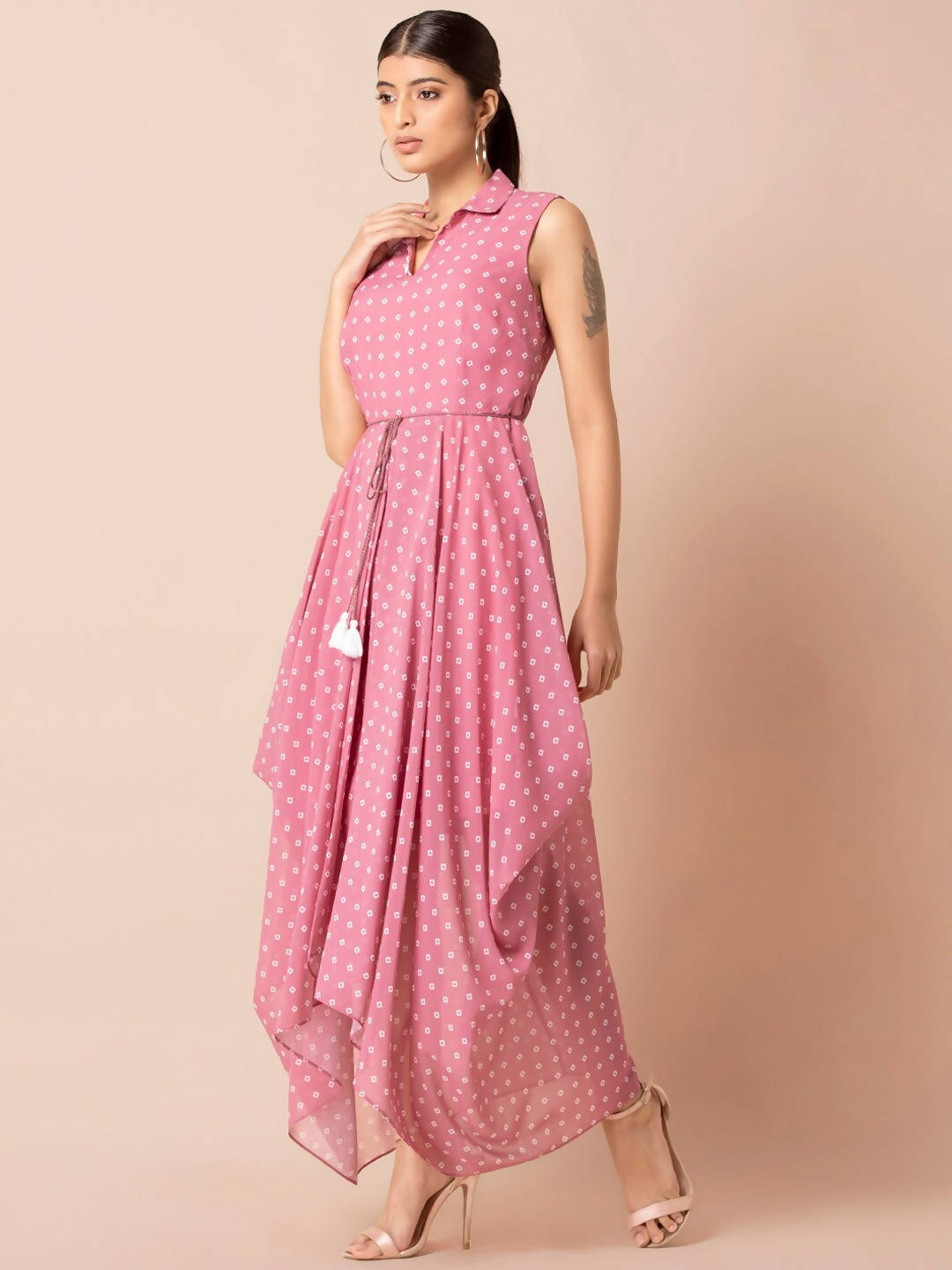 Indya Pink & White Bandhani Printed Maxi Dress | Grocsy