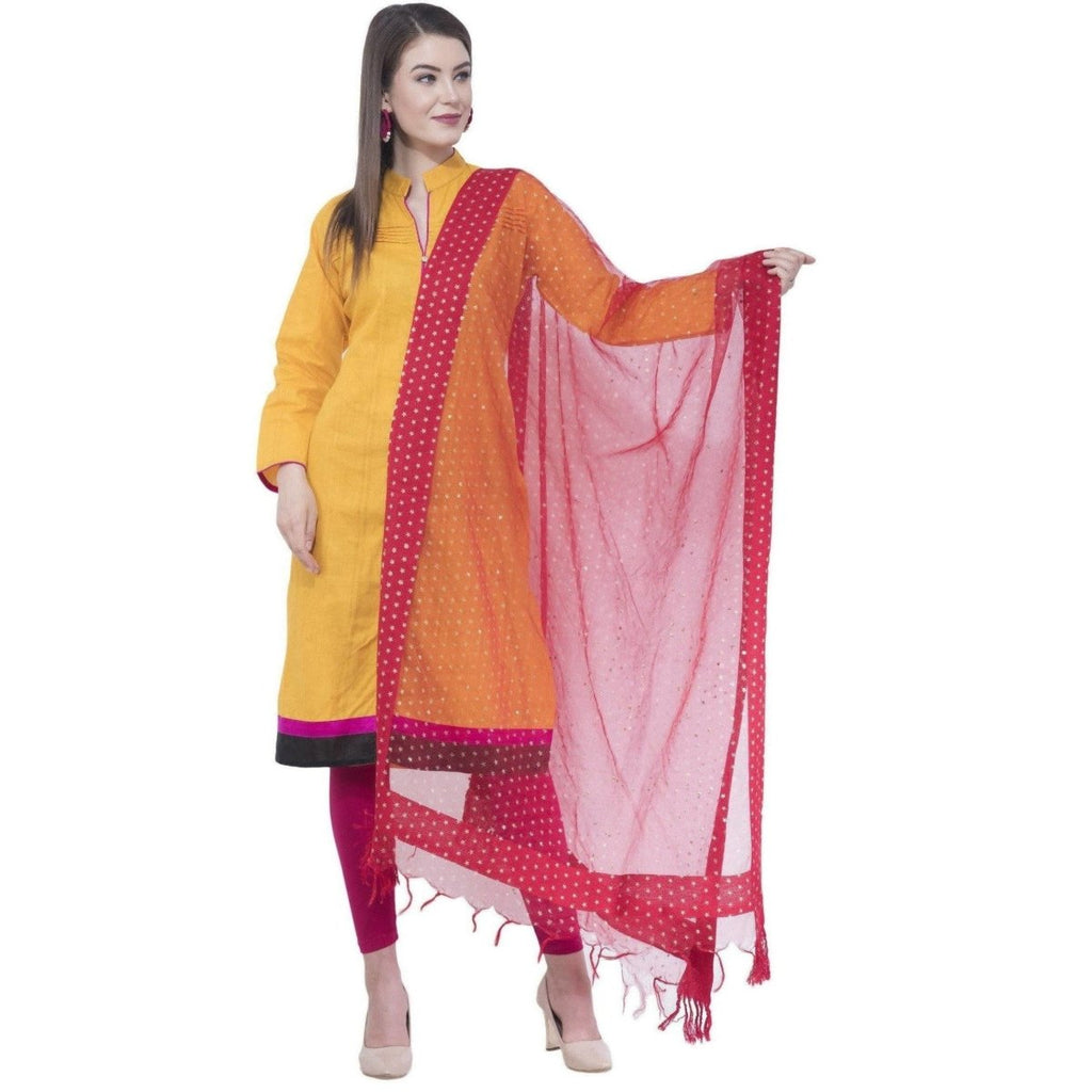 A R Silk Women's Gold Print Orgenza Cotton Mehroon Dupattas and Chunnis | Grocsy