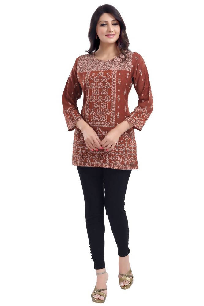 Snehal Creations Rust Faux Crepe Short Kurti Tunic Top | Grocsy
