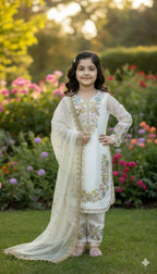 Teeya Creation Trendy Stylish Kids Wear Heavy Embroidery Sequence Work Kurta Set -White | Grocsy