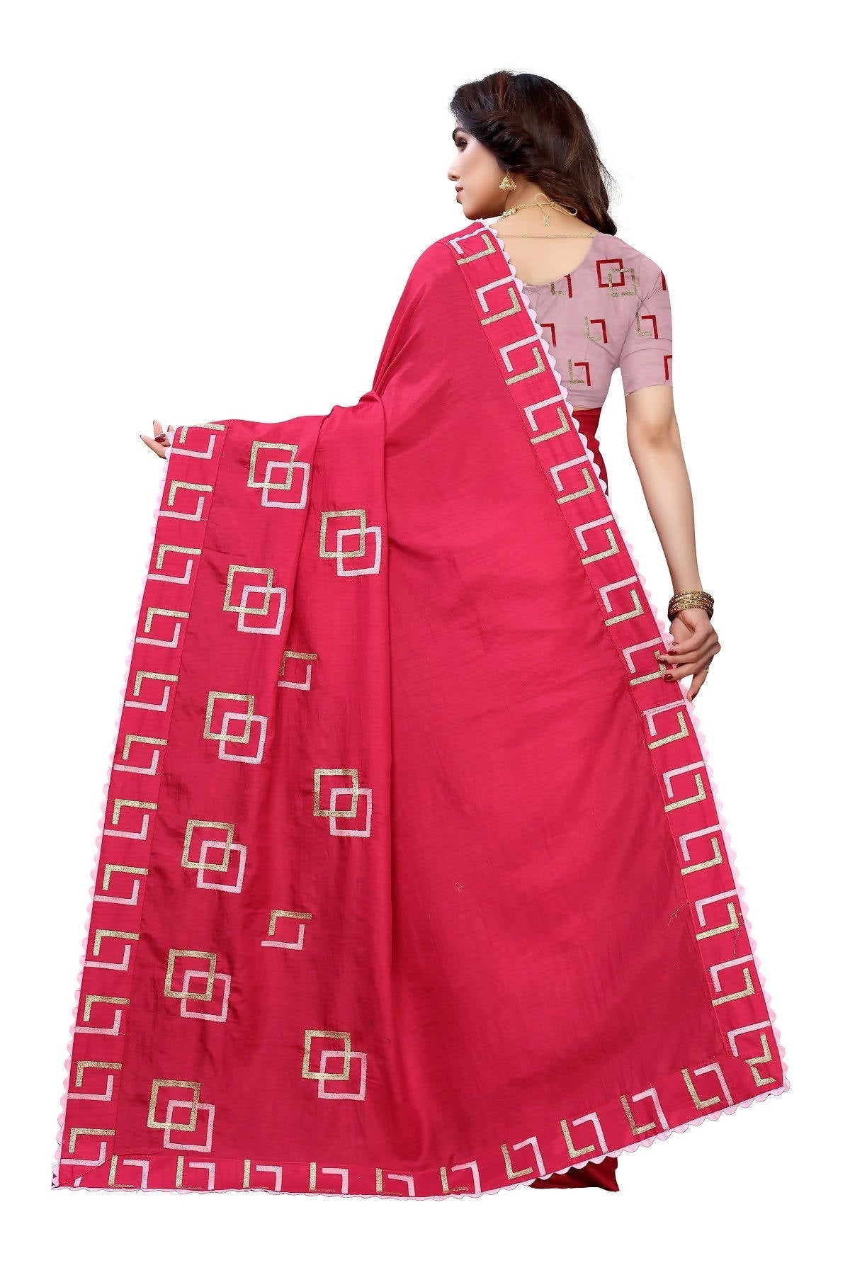 Vamika Red Dola Silk Embroidery Saree (MESHVI PINK) | Grocsy