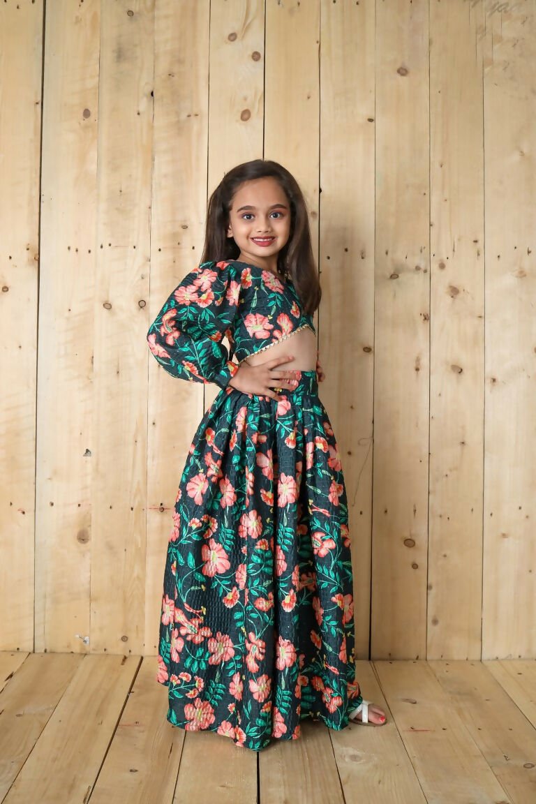Aayaa Designer Printed Chinon Crochet Sequance Kids Lehenga Choli - Green | Grocsy