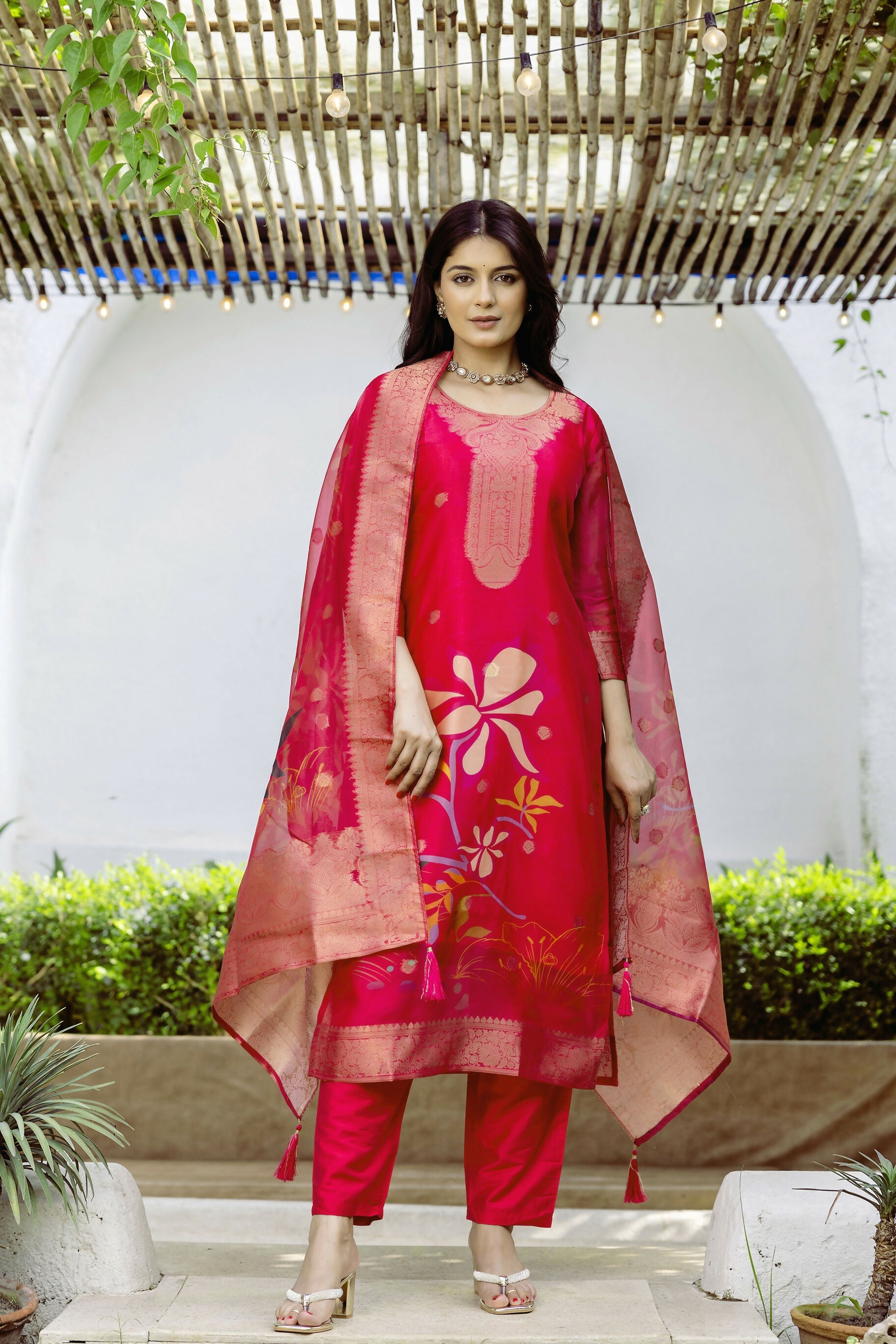 The52 Women's Beautiful Printed Work Jacquard Organza Fabric Straight Kurta Pant and Dupatta Set | Grocsy