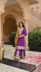 Teeya Creation Womens New Wedding Wear Heavy Embroidery Thread Work Purple Kurta Set | Grocsy