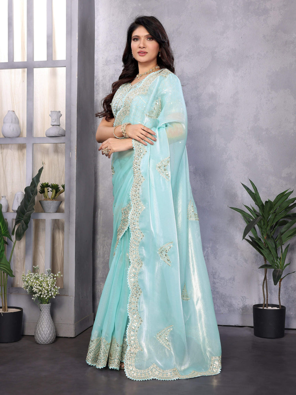 Vastranavya Sky Blue Embroidery Work Shimmer Chiffon Saree with Unstitched Blouse | Grocsy