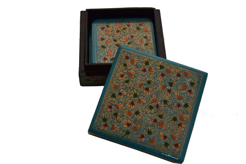Nizalia Chinar Leaf Embossed Blue Paper Mache Square Coasters | Grocsy