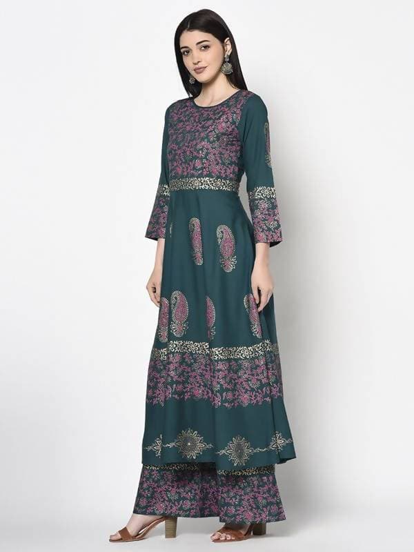 Aniyah Rayon Teal Blue Color Block Print Anarkali Palazzo Set (AN-220K) | Grocsy