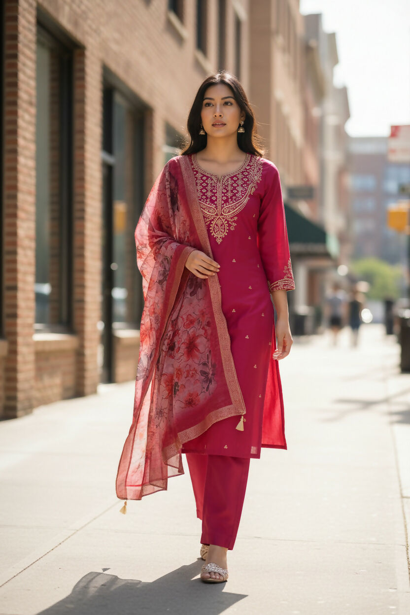 The52 Women's Beautiful Chanderi Silk Fabric Embroidery Work Straight Kurta Pant and Dupatta Set | Grocsy