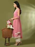 Myshka Women's Pink Solid Georgette Anarkali Party Kurta Set With Dupatta | Grocsy