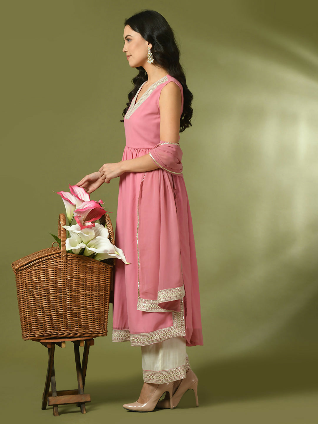 Myshka Women's Pink Solid Georgette Anarkali Party Kurta Set With Dupatta | Grocsy
