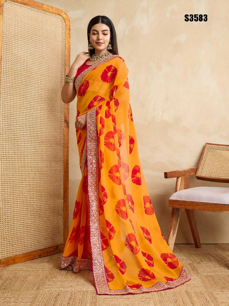 Yellow Georgette Printed Designer, Embroidery Work Lace Border Saree - Aarvi | Grocsy