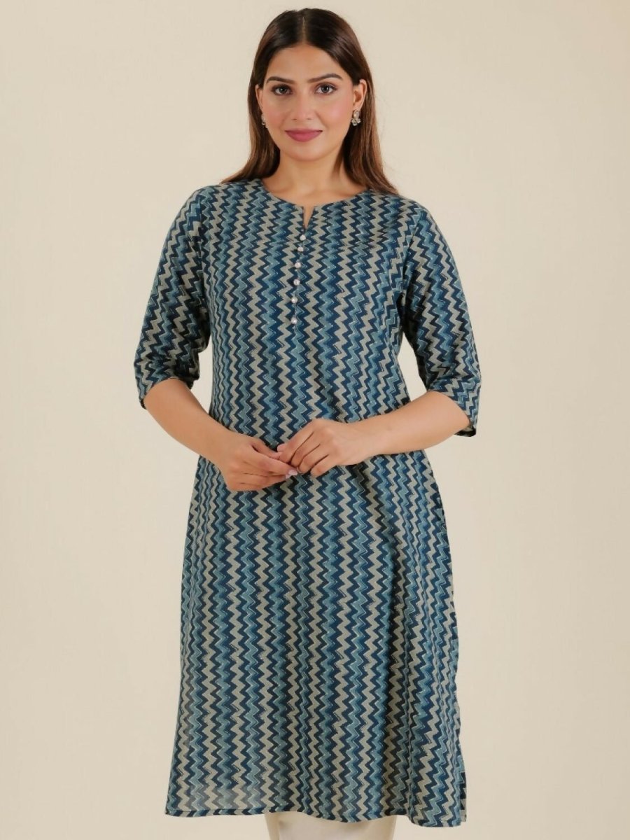 Aramya Blue Soft Cotton Chevron A-line Kurta for Women | Grocsy