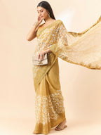 Beige Organza Floral Embroidered Saree with Unstitched Blouse Piece - Roozal | Grocsy