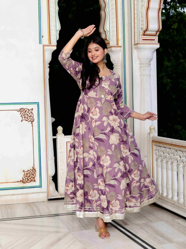 Miravan Women's Purple Flower Printed With Beautiful Lace Border Details Anarkali Kurta | Grocsy