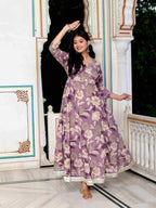 Miravan Women's Purple Flower Printed With Beautiful Lace Border Details Anarkali Kurta | Grocsy