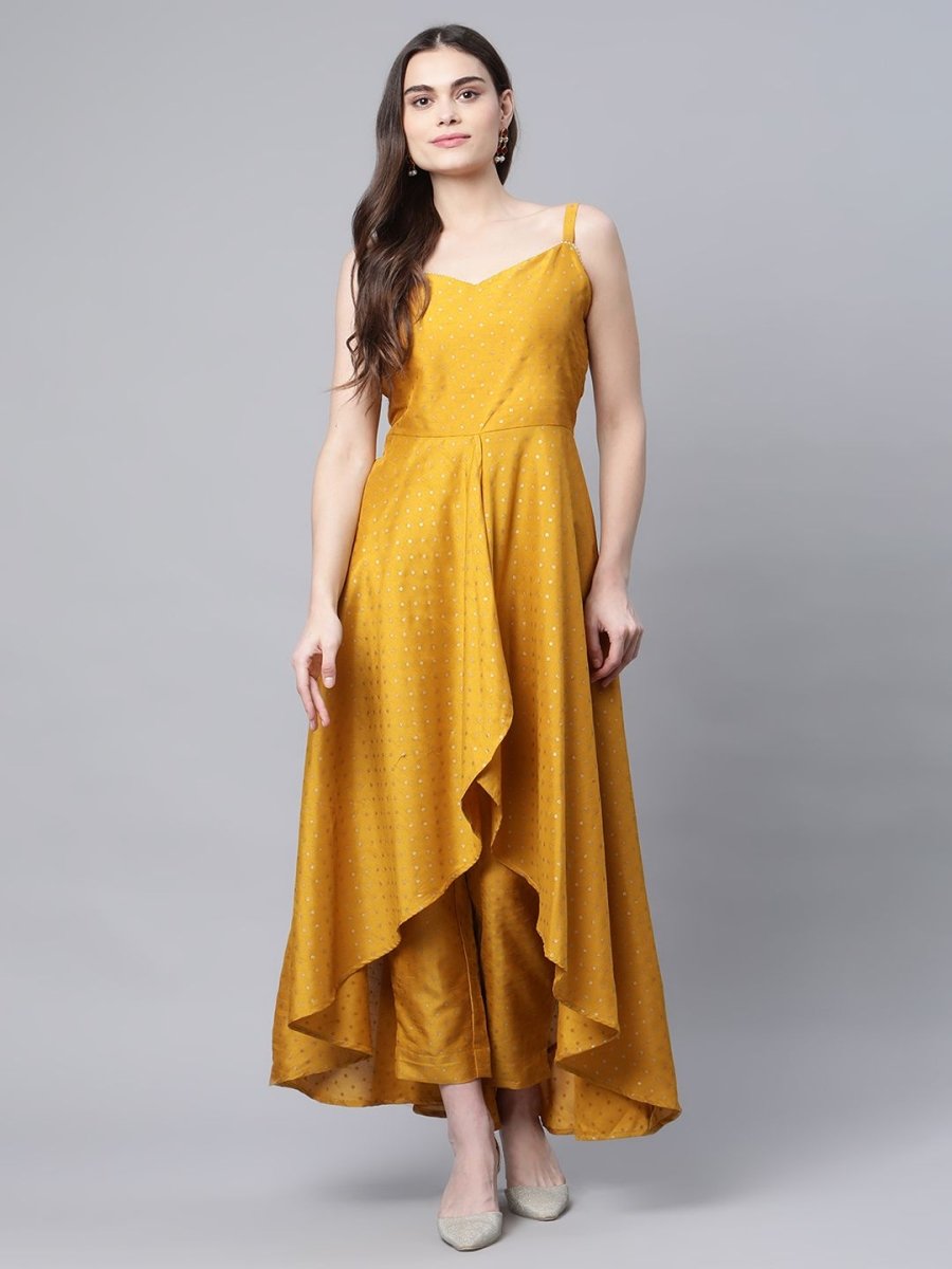 Ahalyaa Women Mustard Poly Silk Gold-Toned Printed Kurta With Trousers | Grocsy