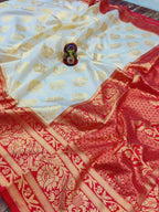 DEIANA'S Beautiful Designer Golden zari Soft Lichi Silk Saree - White | Grocsy