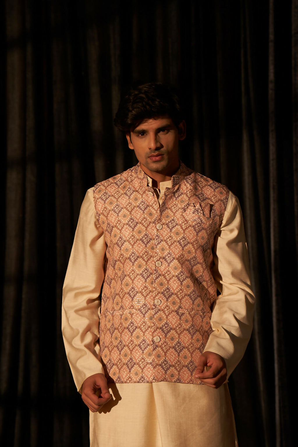 Brown Viscose Designer Printed Men's Kurta Set with Koti - Mahotsav | Grocsy