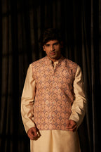 Brown Viscose Designer Printed Men's Kurta Set with Koti - Mahotsav | Grocsy