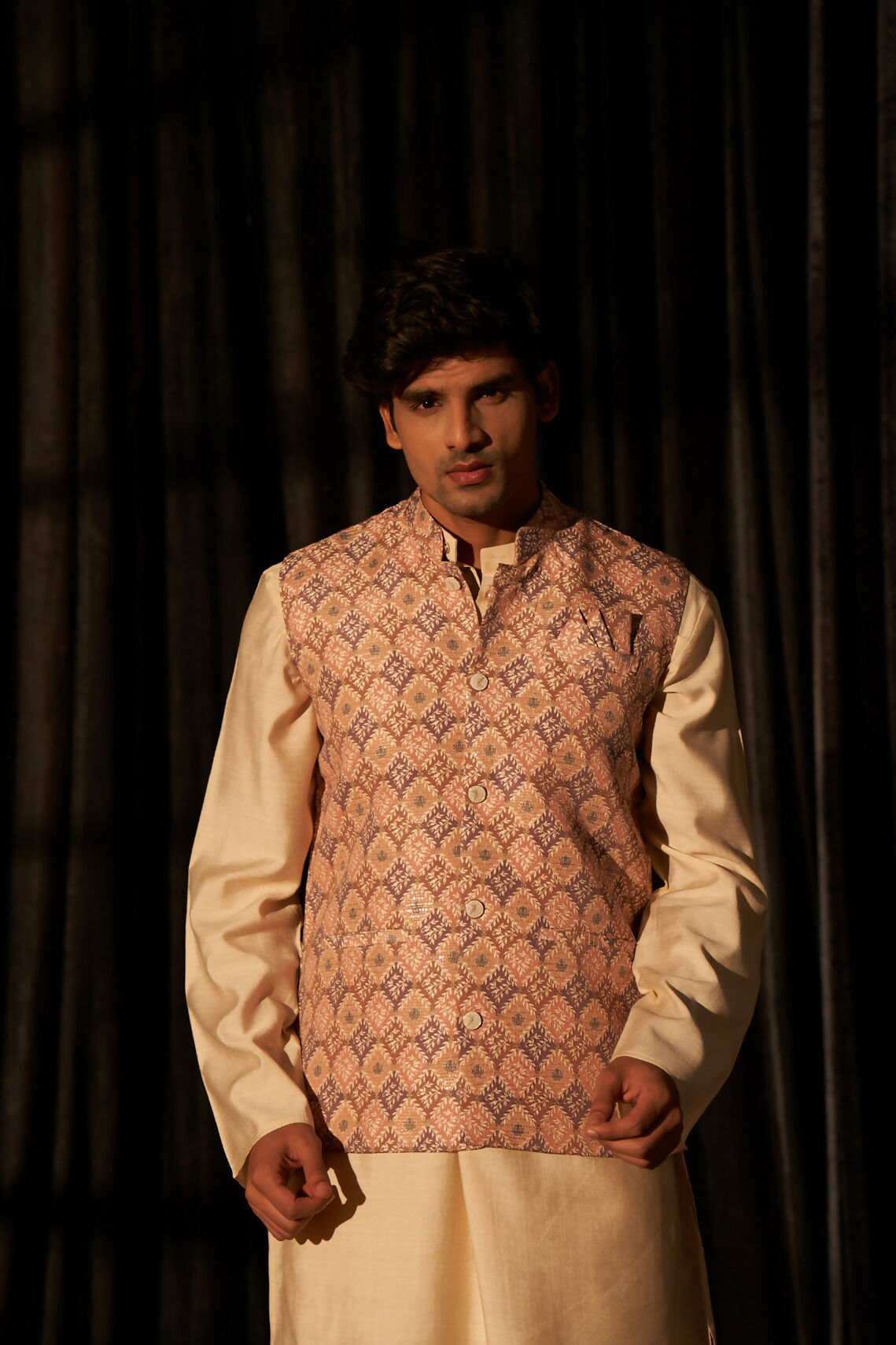 Brown Viscose Designer Printed Men's Kurta Set with Koti - Mahotsav | Grocsy