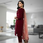 Joban Fashion Maroon Kurta Set Velvet Embroidery Sequence Work | Grocsy