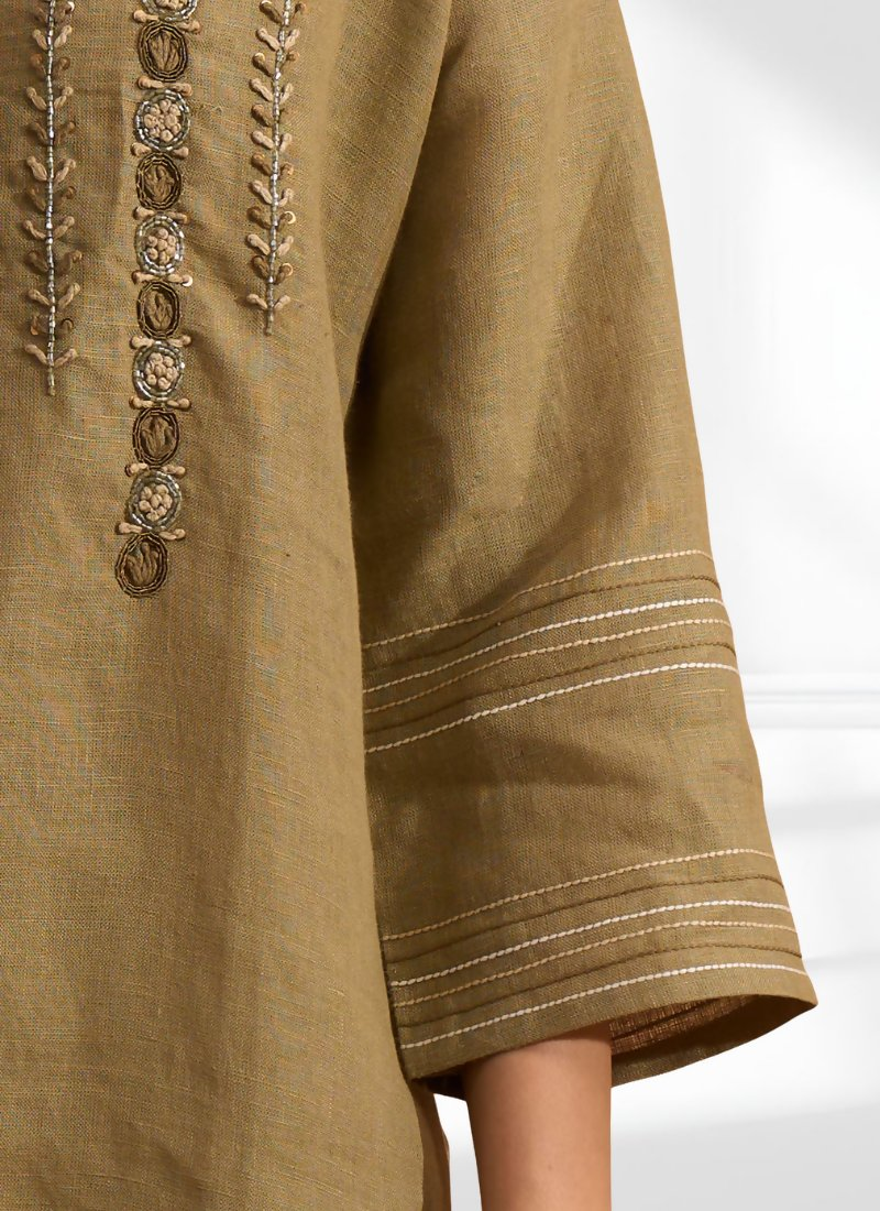 Joban Fashion Light Brown Linen Embroidered Readymade Tunic | Grocsy