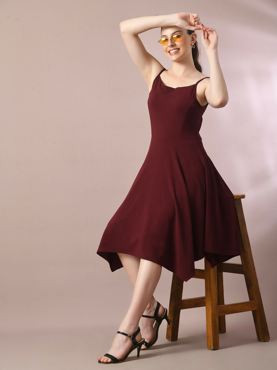 Myshka Women's Maroon Solid Shoulder Straps Fit and Flare Party Dress | Grocsy